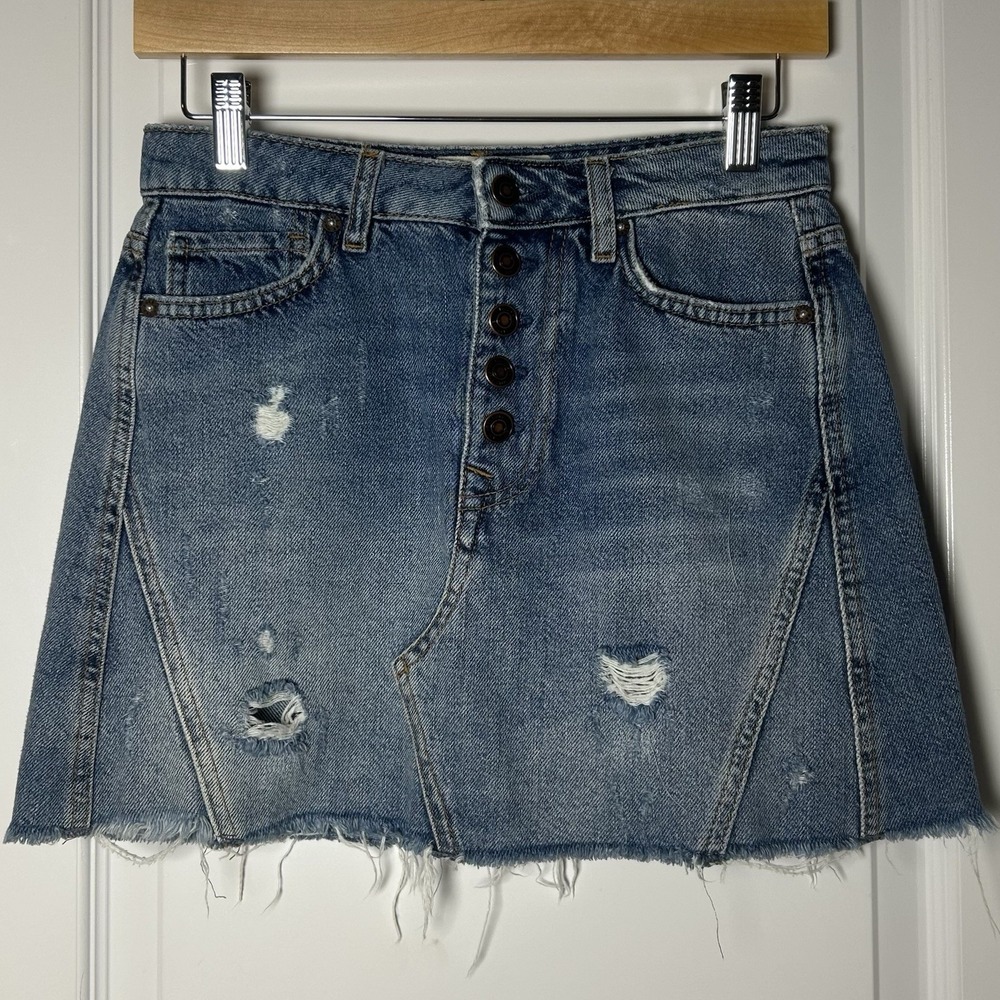 Free People We The Free Medium Wash Button Front Distressed Denim Mini Skirt